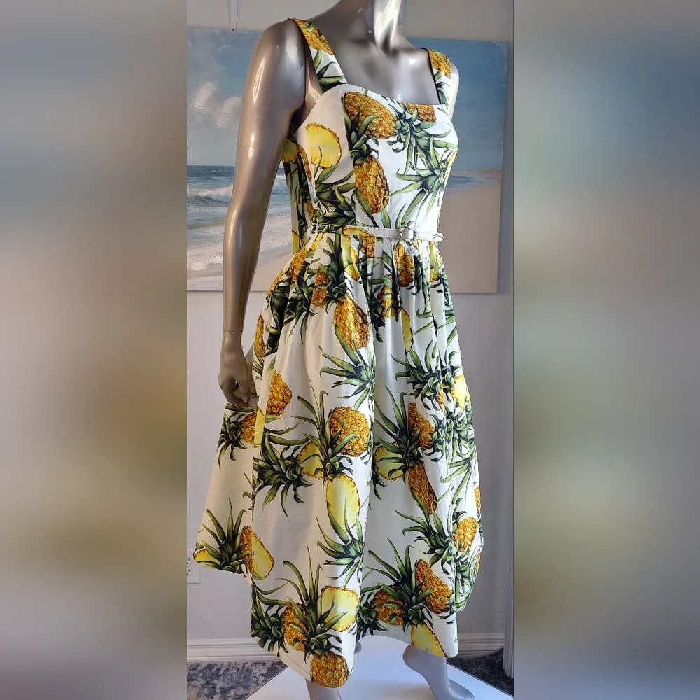 *□$2,400 NEW OSCAR DE LA RENTA PINEAPPEL MIDI RUNWAY DRESS US 10 M - Picture 3 of 16